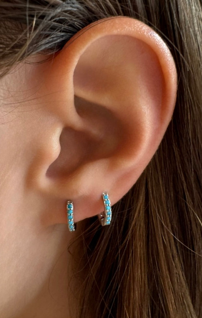 Turquoise and Silver Huggie Hoops